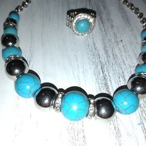 silver and turquoise necklace and ring set